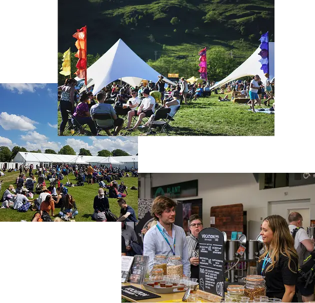 A collage showing a bartender using a point-of-sale system behind a well-stocked bar, four La Chouffe beer bottles displayed on a wooden surface outside Brasserie Chouffe, and an aerial view of a large outdoor CAMRA beer festival with white marquee tents at dusk.