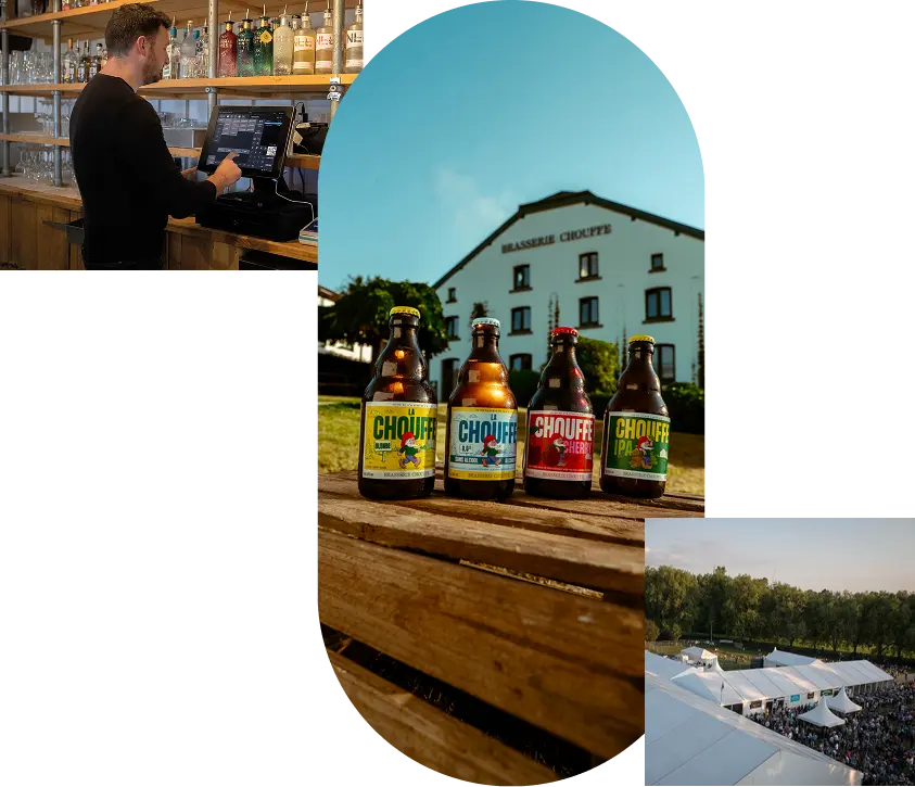 A collage showing a bartender using a point-of-sale system behind a well-stocked bar, four La Chouffe beer bottles displayed on a wooden surface outside Brasserie Chouffe, and an aerial view of a large outdoor CAMRA beer festival with white marquee tents at dusk.