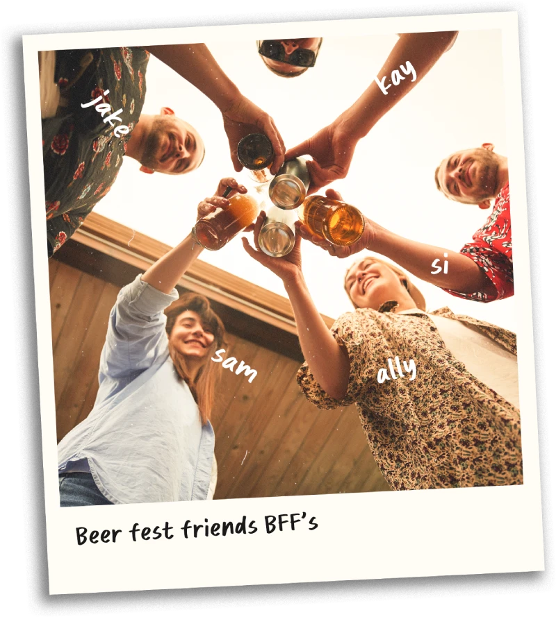 A promotional graphic showing friends at a beer festival with the text "All pints. All places. Unlimited beer festival access. Included."