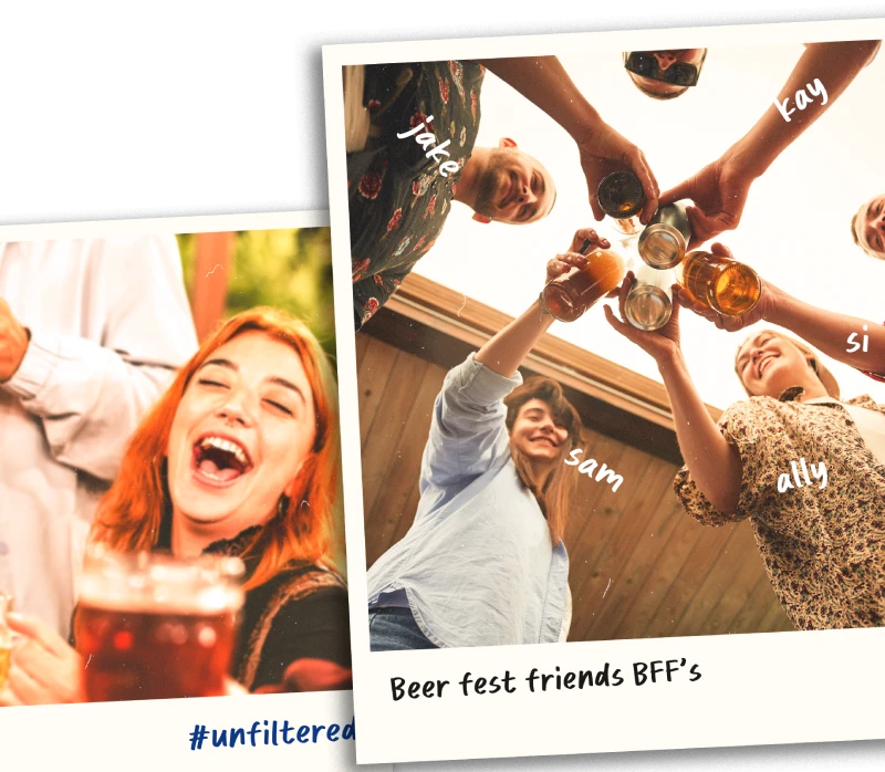 A promotional graphic showing friends at a beer festival with the text "All pints. All places. Unlimited beer festival access. Included."